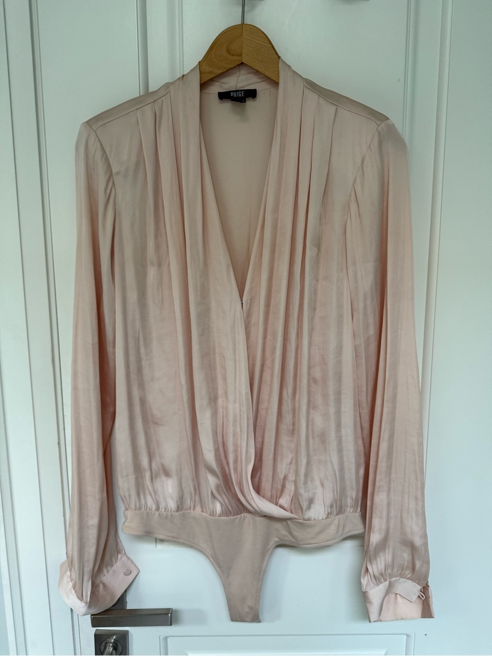 PAIGE Blush Pink Draped V-Neck Long Sleeve Bodysuit
